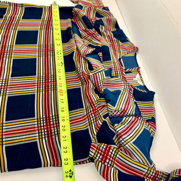 Holiday Christmas party preppy Red Blue yellow ruffled plaid lightweight blouse - Picture 8 of 9